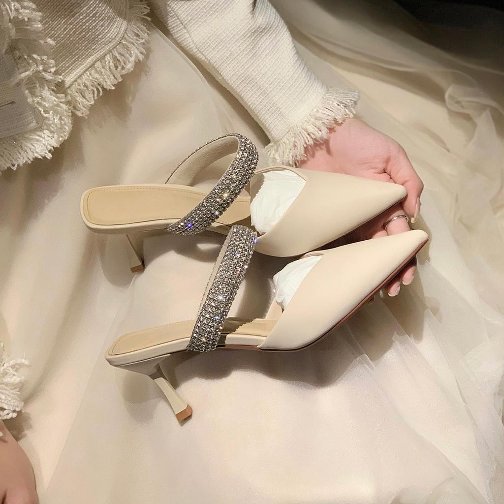 Grape mom studiolee French elegant pointed sandals diamond strap one pedal thick heel half slippers women spring summer
