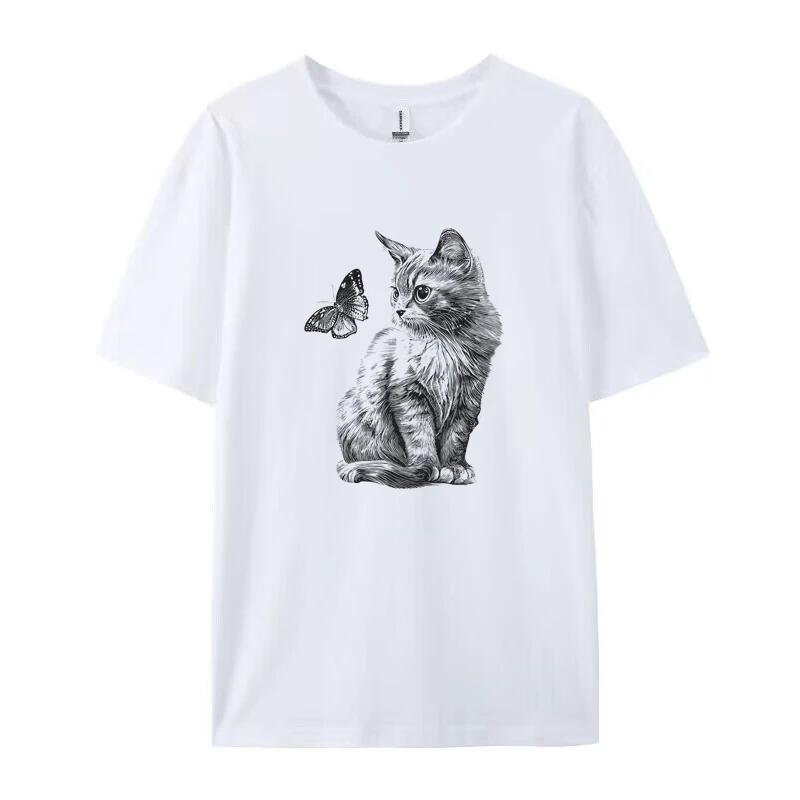 

Cute Kitten Butterfly Graphic Tops Aesthetic Cat Mom Shirt Women Loose Cotton Cottagecore Clothing 90s Retro Cat Lover Tshirts S