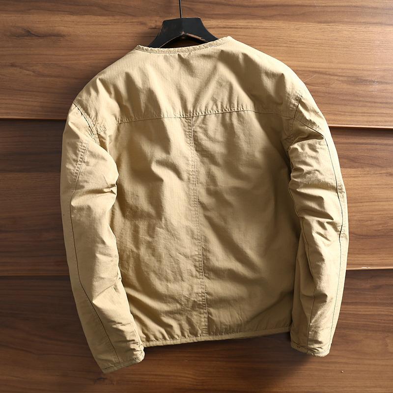 Japanese Vintage Collarless Cotton Workwear Jacket for Men - Autumn/Winter Solid Color Casual Outerwear