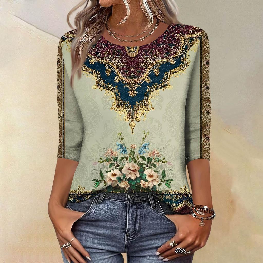 Trendy Vintage 3/4 Sleeve Top For Women,Ladies Casual Three Quarter Sleeve Round Collar Printed T-Shirt Blouse