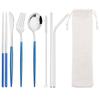 8Pcs/Set Portable Stainless Steel Dinnerware Set Travel Camping Spoon Fork Knife Chopsticks Straws Brush Tableware Flatware Set with Storage Bag