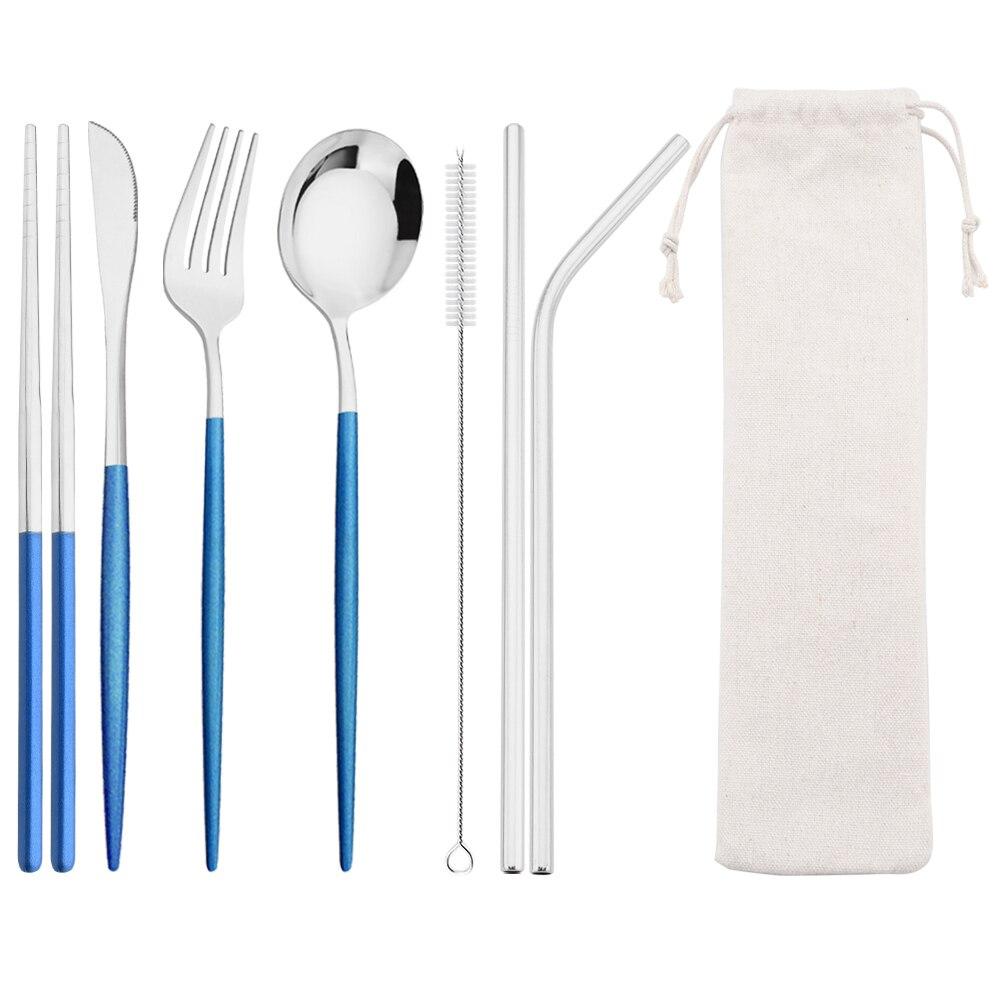 8Pcs/Set Portable Stainless Steel Dinnerware Set Travel Camping Spoon Fork Knife Chopsticks Straws Brush Tableware Flatware Set with Storage Bag