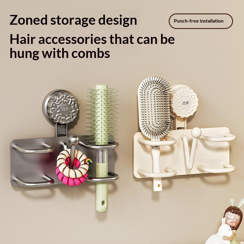Wall-Mounted Comb Storage Rack Suction Cup Bathroom Hair Tie Holder No-Drilling Needed Hairband Holder Plastic Organizer