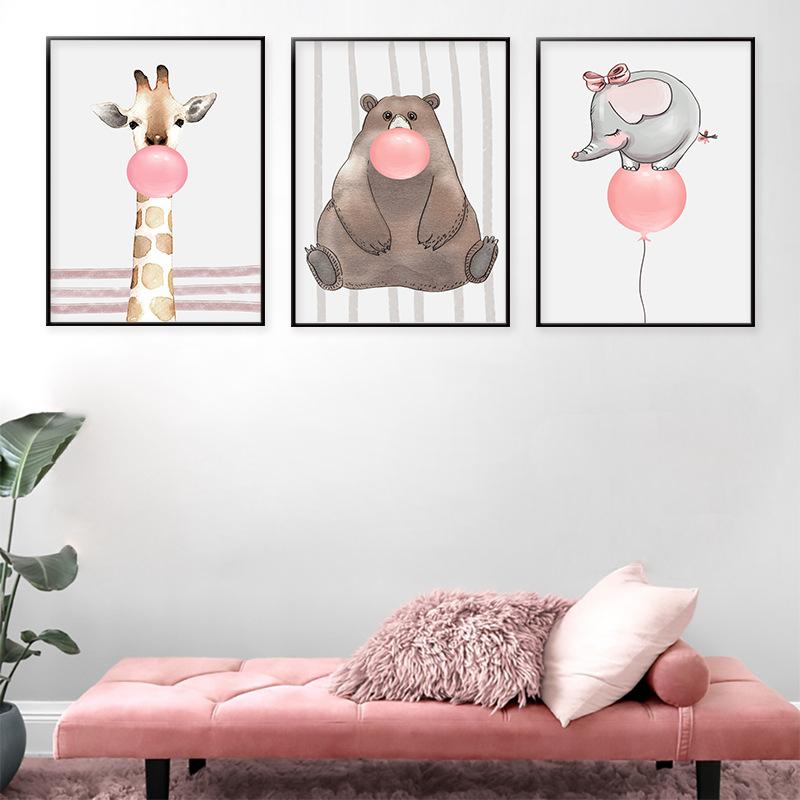 Cartoon Animal Pink Balloon Giraffe Elephant Decorative Painting Simple Home Porch Living Room Painting Canvas Painting Oil
