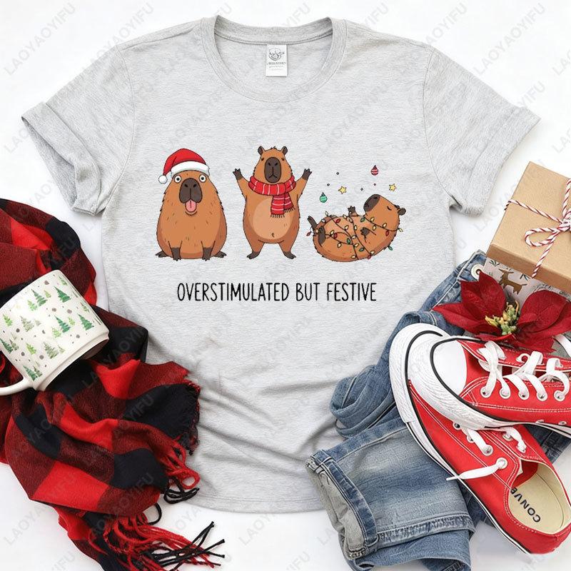 Overstimulated But Festive Capybara Christmas Tshirt Funny Holiday Animal Cotton Tees Cute Xmas Clipart for Tops Y2k Streetwear