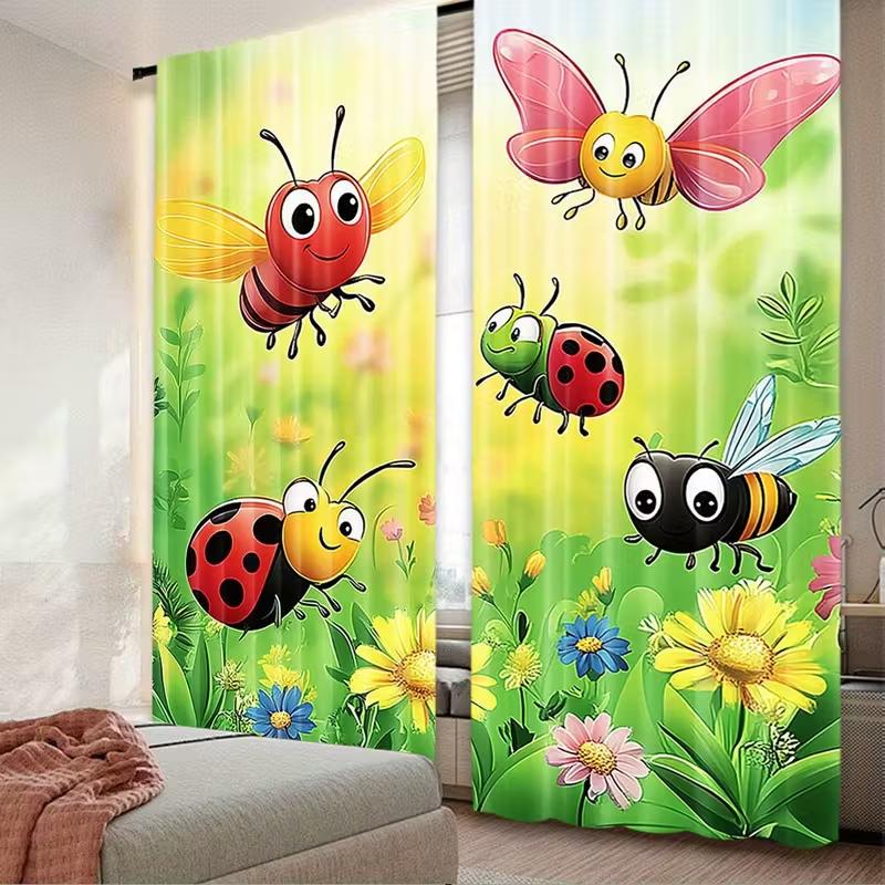 2Pcs Cartoon Insects Floral Printed Curtains, Designed For Light Filtering, Durable Material, Perfect For Kids' Room Daily Windo