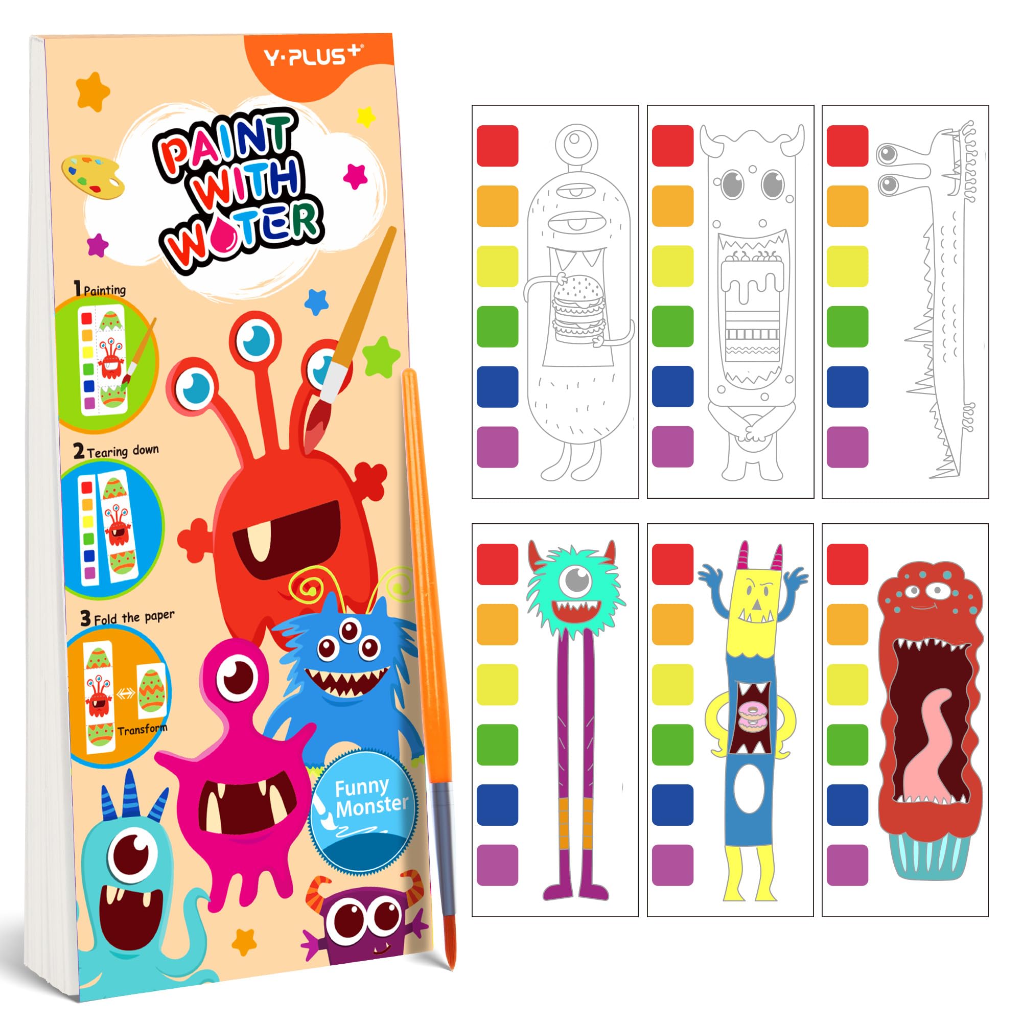 

YPLUS Mini Water Coloring Book for Kids Water Coloring Set with Brush Art Supplies Monster (Ages 3+) - - Kids -