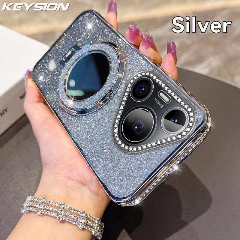 KEYSION Glitter Jewelled Magnetic Phone Case for Huawei Pura 70 Pro Makeup Mirror Stand Shockproof Cover for Huawei Pura 70