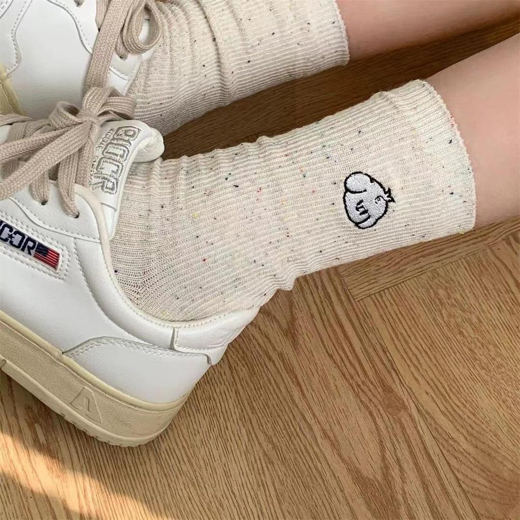 Cute Cartoon Embroidery Mid-Calf Ruffle Socks for Women - Cotton Casual Spring/Autumn Wear