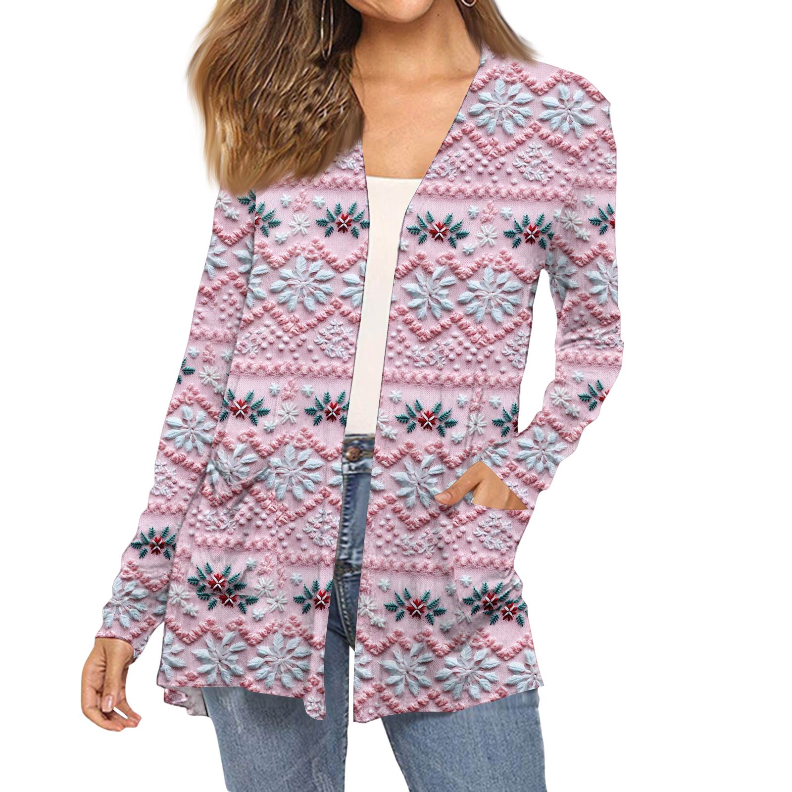 

Женский модный кардиган-пальто с длинным рукавом, карманами, приталенного силуэта и рождественским принтом L