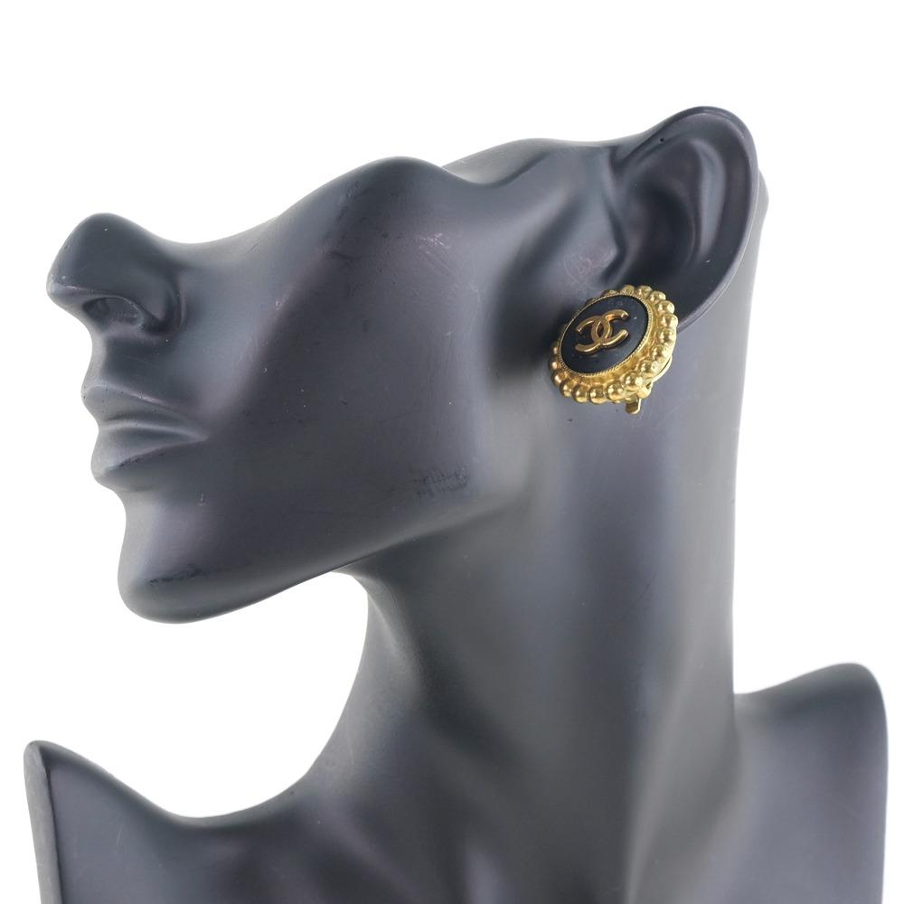 Chanel COCO Mark Earring Vintage Black Plated Gold 27g Women Used