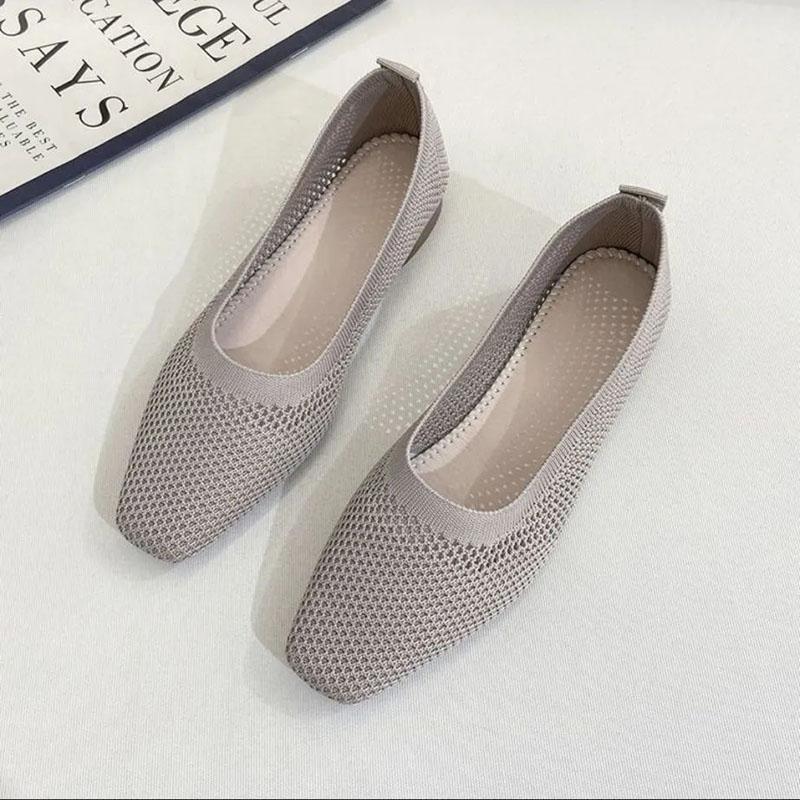 WTEMPO Soft Sole Single Shoes Women's Spring and Summer Square Toe Mesh Low Square Heel Solid Color Knitted Hollow Breathable Non-slip Woven Shoes