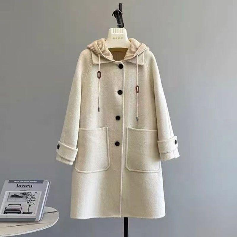 Damen Plus Size Wollmantel mit Kapuze - Mittellang, Lockerer Schnitt, Hochwertiger Casual für Herbst und Winter