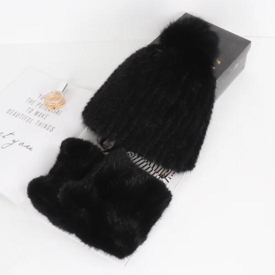 

Новые зимние женские теплые шапки и шарфы из норки, натуральные вязаные шапки и шарфы из настоящего меха норки, 2 предмета, шапка из натурального меха, муфта чёрный