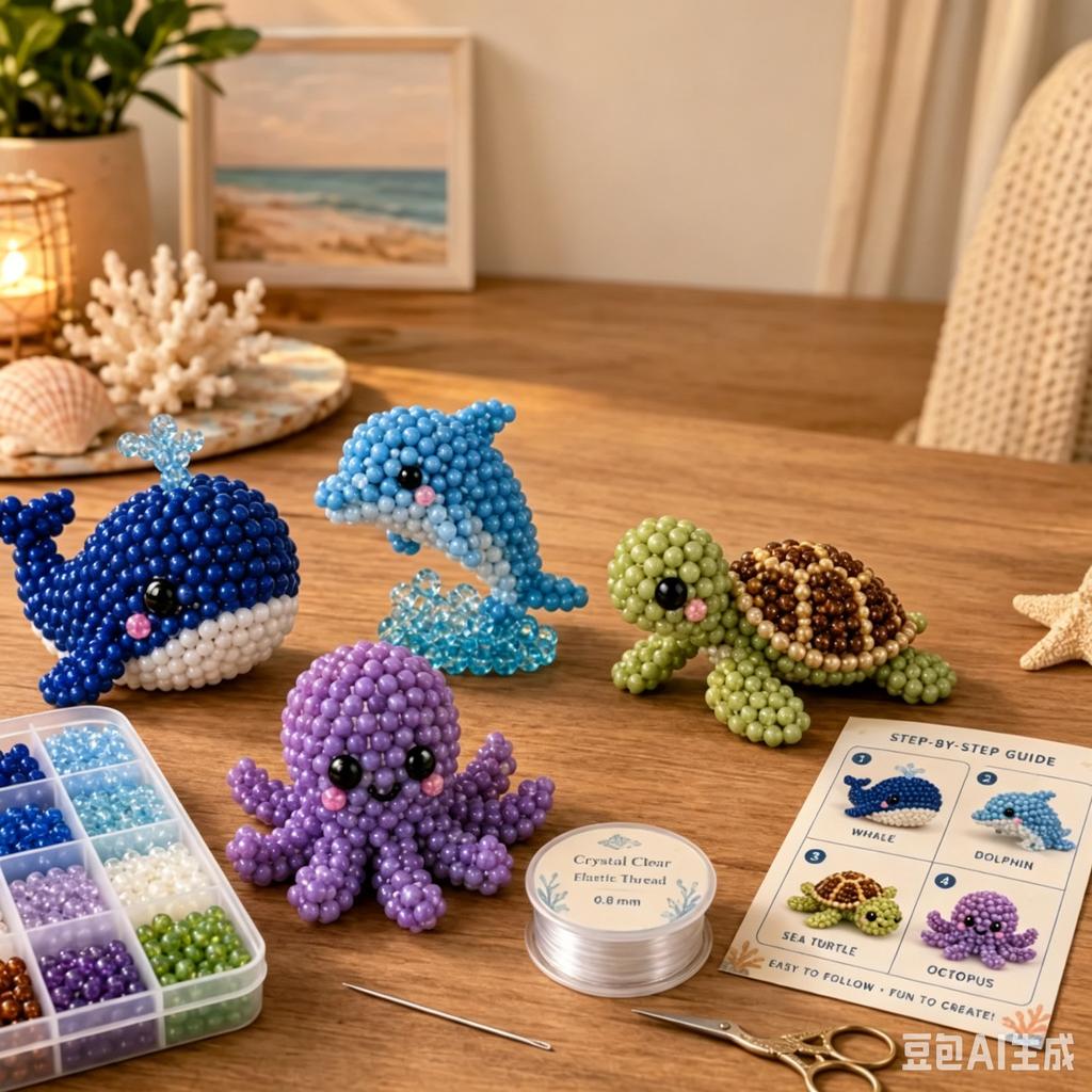 Ocean Animal Bead DIY Craft Kit for Kids with Whale Dolphin Octopus Turtle Models Creative Handmade Educational Set
