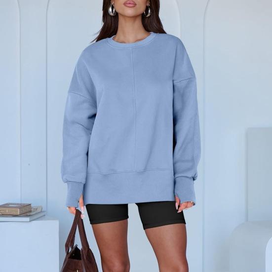 Damen Casual Rundhals Sweatshirt Oversized Langarm Pullover Tops Weicher Seitenschlitz Herbst Lockeres Outfit