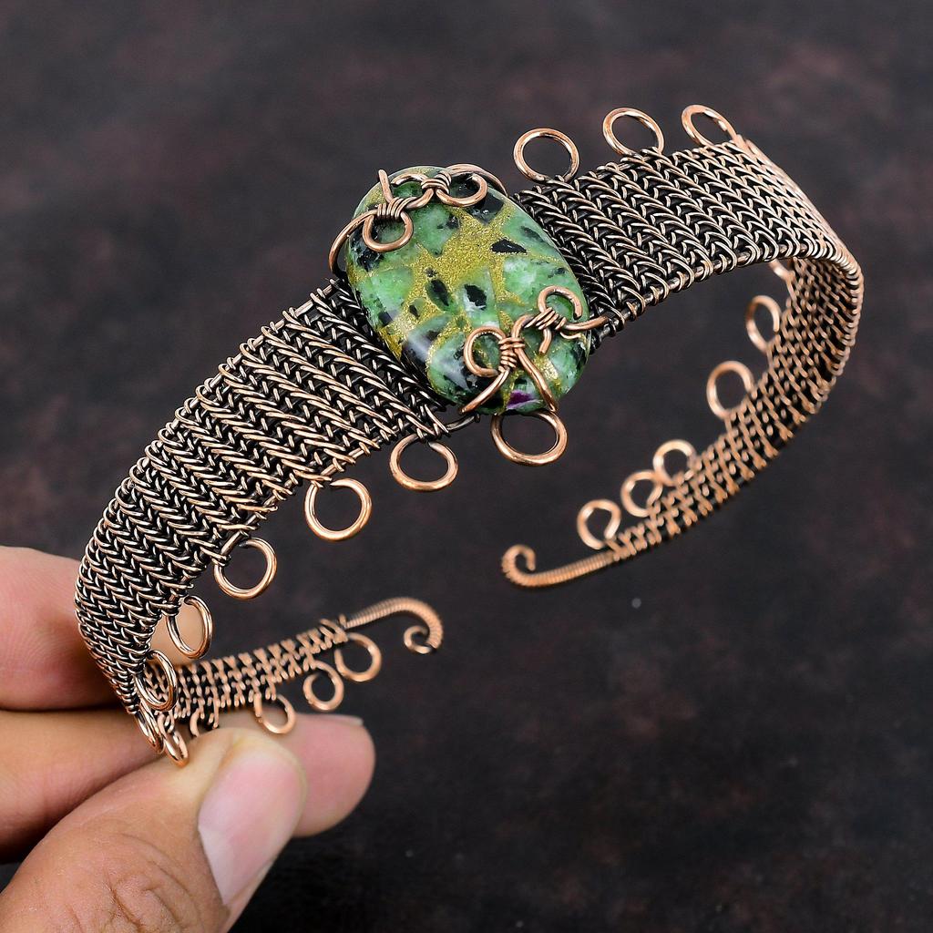 Copper Ruby Zoisite Bangle Copper Wire Wrapped Cuff Bracelet Handmade Boho Jewelry Gemstone Adjustable Bangle Wire Wrap Jewelry Gift For Her