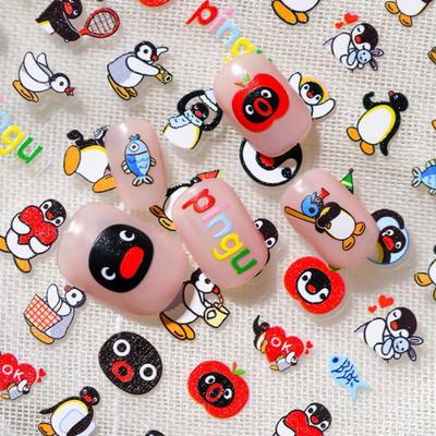 Colorful Cartoon Penguin Nail Art Stickers - Cute Pingu Style with Letters