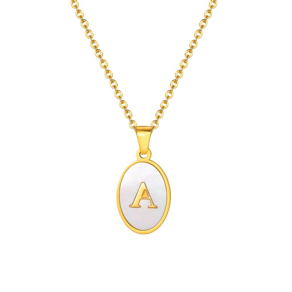 Stainless Steel Oval White Shell Letter A-Z Initial Pendant for Women,Gold Plated 26 Letters Necklaces,Trendy Jewelry Gift