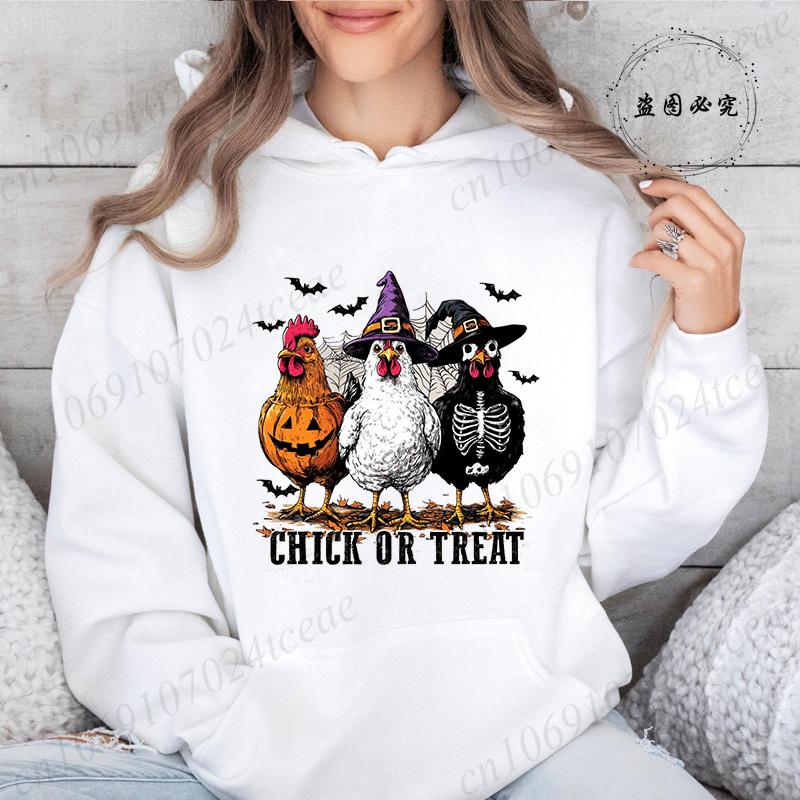 Halloween Chick or Treat Print Women  Hoodie Halloween Funny Chicken Graphic Hoodies Horror Spooky Season Sweatshirt Tops