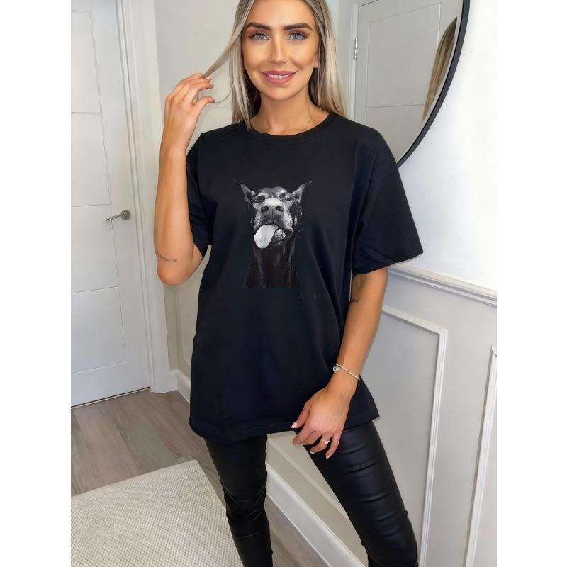 Oversized T Shirt Black Dog Face Print Casual Wear For Women Summer Streetwear Fashion Top