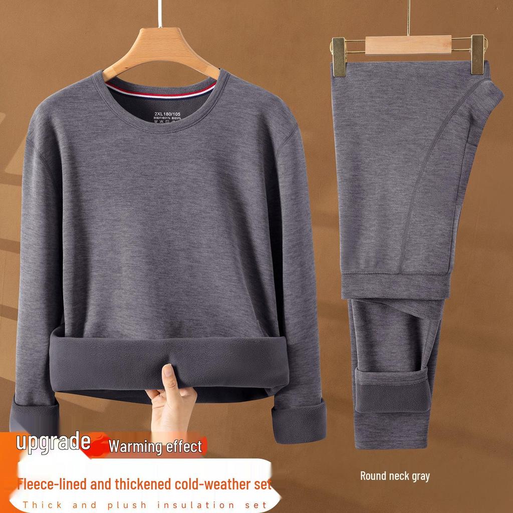 Herren Warmes Unterwäsche-Set mit Fleecefutter - Mittelhoher Rundhalsausschnitt, Übergröße, Kältefest für Mittelalte und Ältere, Herbst/Winter.