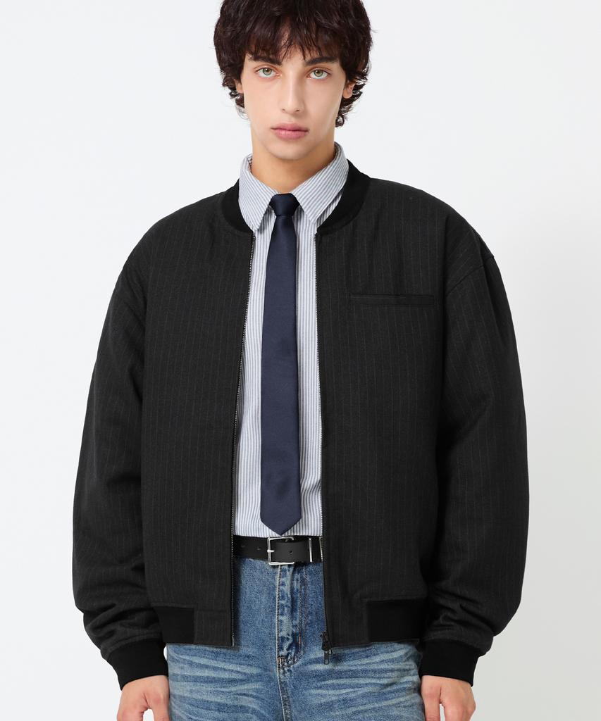Trillion Pin Stripe Officer Crop Bomber Jacket_Black