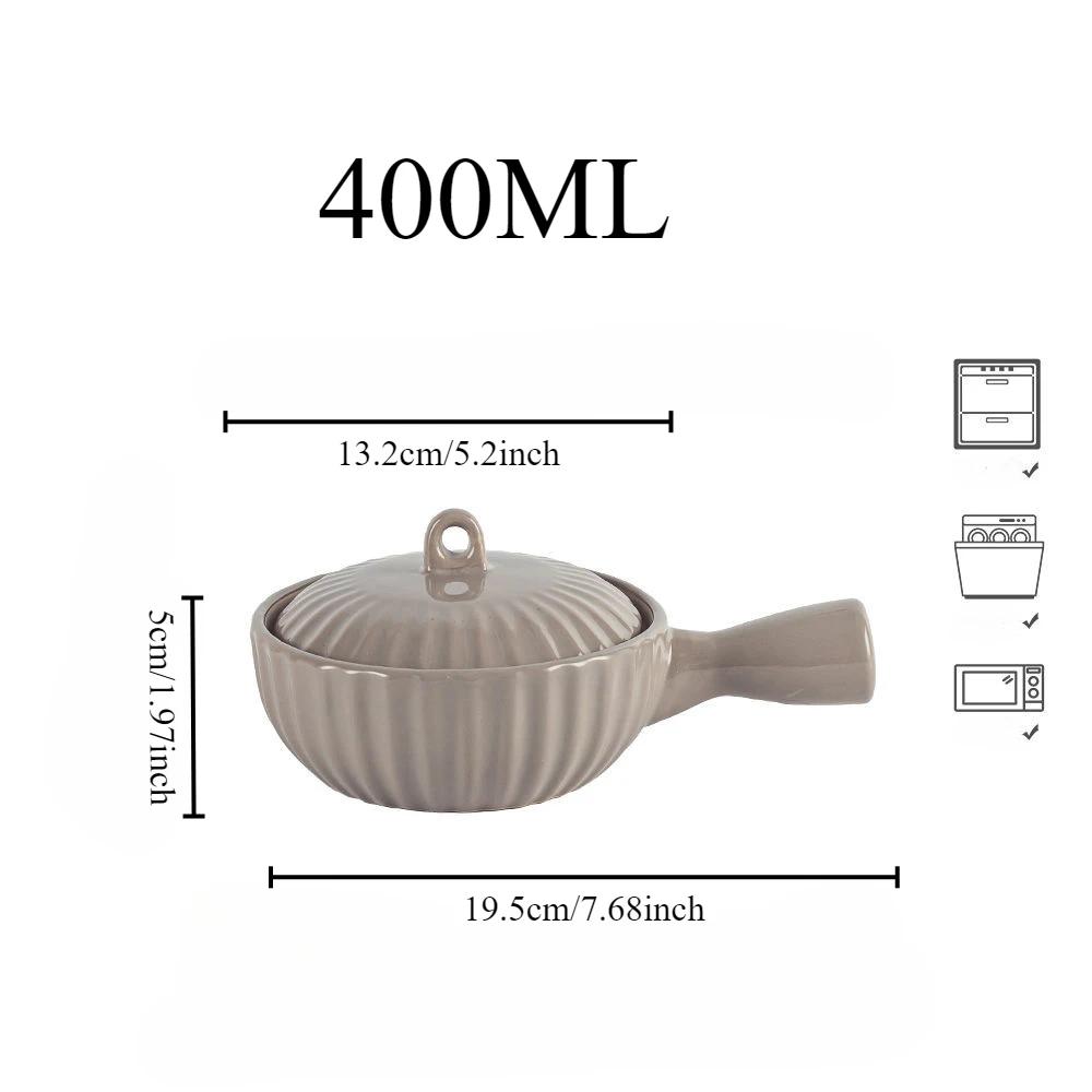 

Japanese Style Household Ceramic Single Handle Bowl with Lid Breakfast Yogurt Bowl Cute Dessert Embossed Pasta Bowl