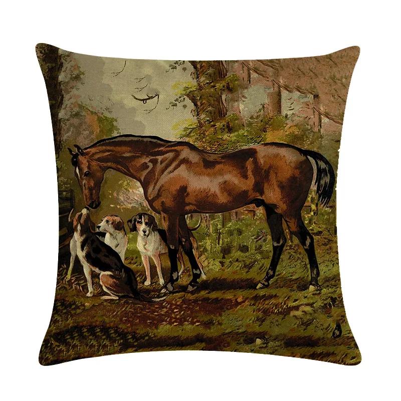 Retro Nostalgische Kunst Pferde-Druck Dekorative Kissenhülle Baumwolle Leinen Haus Auto Sofa Kissenbezug Heimdekoration 45X45cm