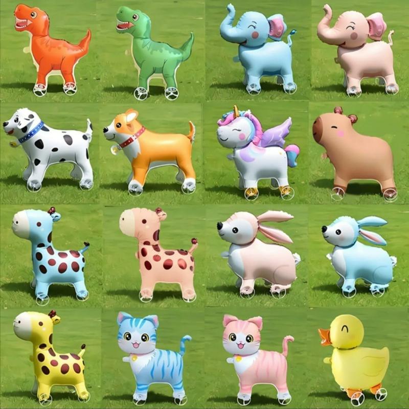 4D Dinosaur Dog Cat Standing Foil Balloons Animals Walking Balloon with Wheel for Kids Birthday Party Decoration Baby Shower
