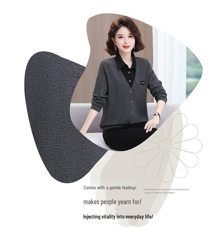 2025 Spring/Fall Two-Piece Collar Long Sleeve Top for Middle-Aged and Elderly Women