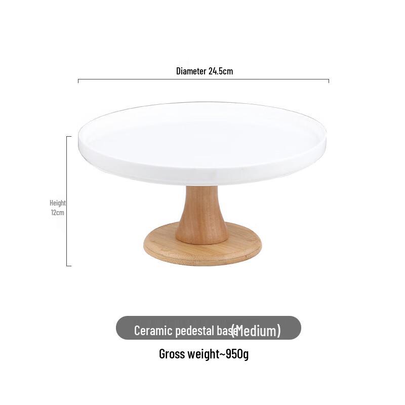 High-Footed Ceramic Cake and Fruit Plate with Wood Stand