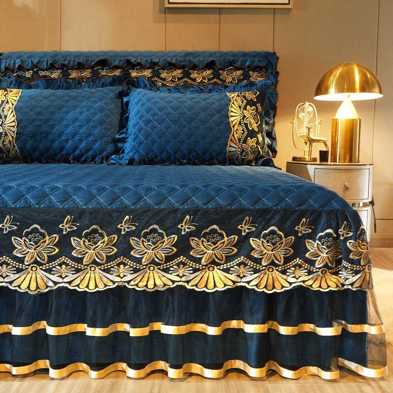 Europäische Luxus-Stickerei verdicken samt gesteppte Tagesdecke Single Queen King Spitze Bett Rock Bettdecke Bettlaken Kissenbezug #/