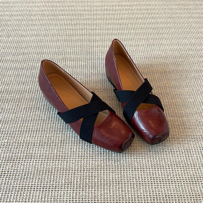 Sheepskin Version~ Cross-strap One-pedal Pig Nose Ballet Shoes Women's Retro Square Head Shallow Mouth Flat Bottom Mary Jane Single Shoes