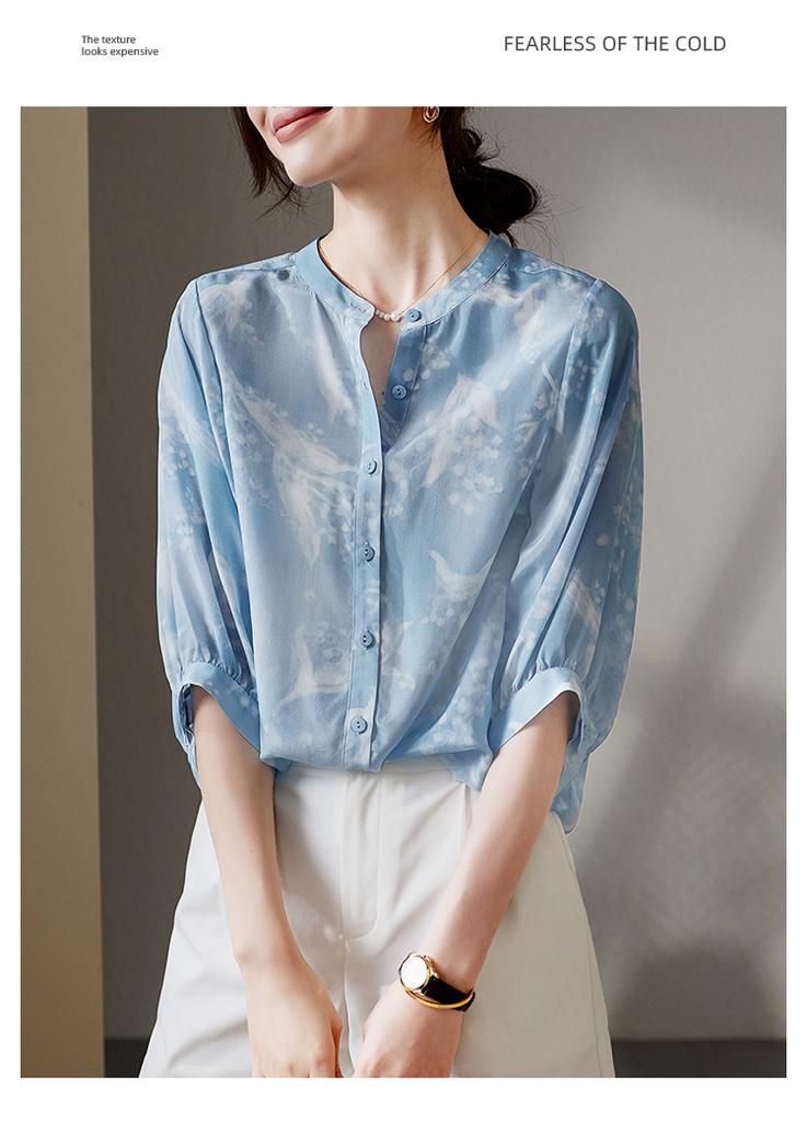 100% mulberry silk printed round neck shirt for women in 2026 summer, loose and casual, versatile silk top