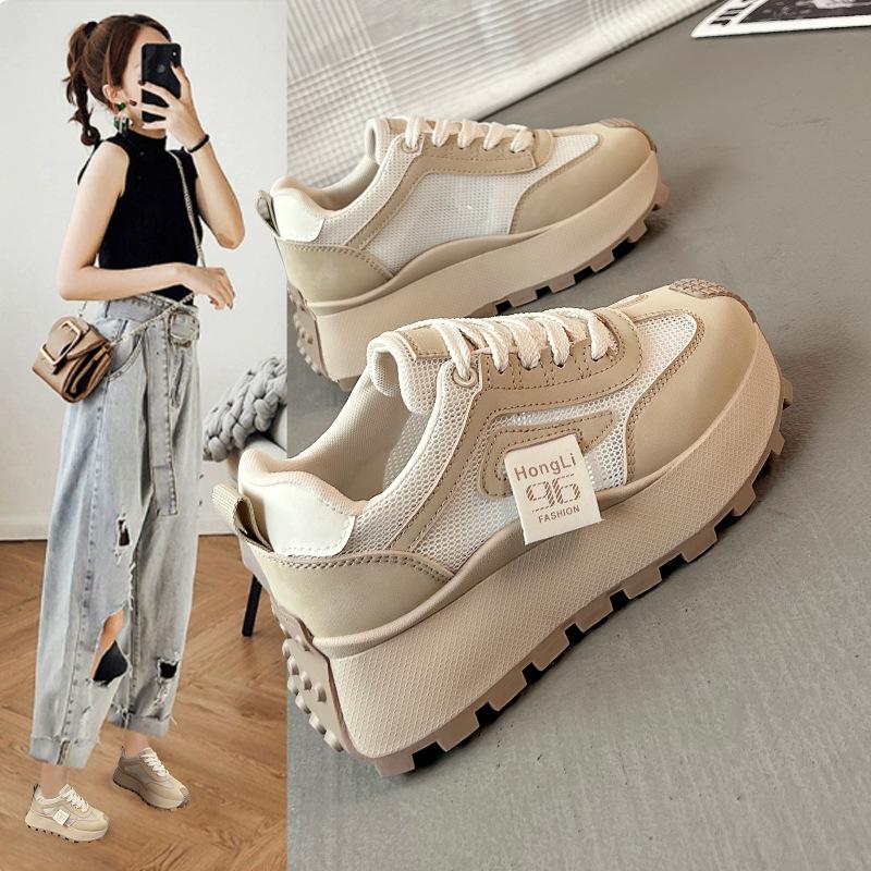 Chunky Autumn New Women Shoes Csaual Running Sneakers Fashion Lace-up Patchwork Leather Sneaker Vulcanized Shoes Chaussure Femme