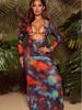 Women's Swimsuit Long Sleeve Tie Dye Three Piece Sexy Halter Neck Bikini Split Suit Beach Wear