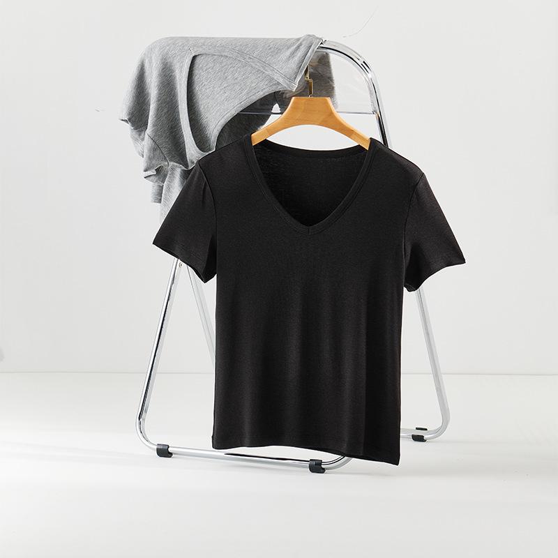 Skin-Friendly V-Neck Wool Acetate Tencel Short Sleeve Women s Top - Spring/Summer Simple & Versatile Style S чёрный