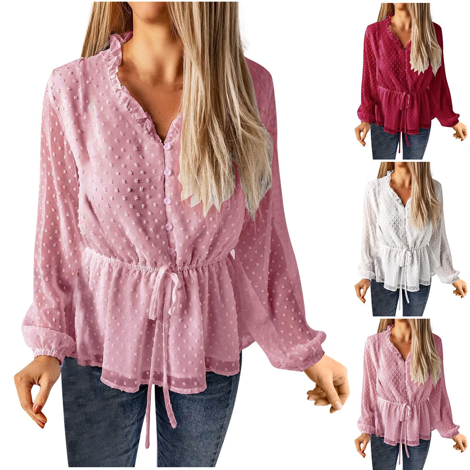 

Женская модная повседневная однотонная шифоновая пуловерная рубашка с v-образным вырезом на пуговицах и завязкой на талии