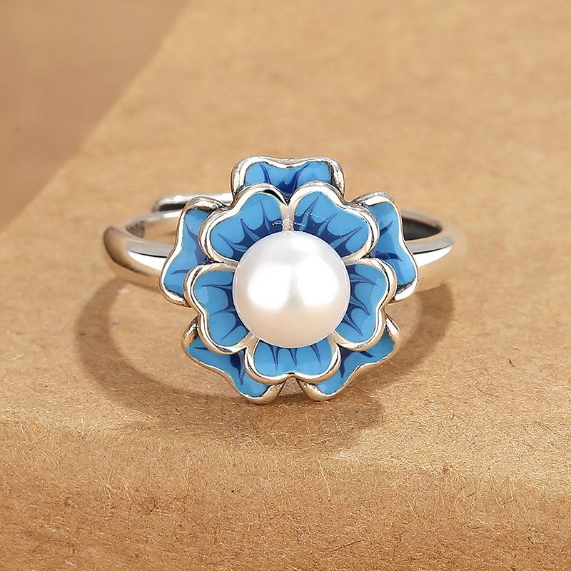 Enamel Pearl Flower Ring Women 'S Retro Literature And Art Temperature Ethnic Style Personality Explanation Forest Ring Ring