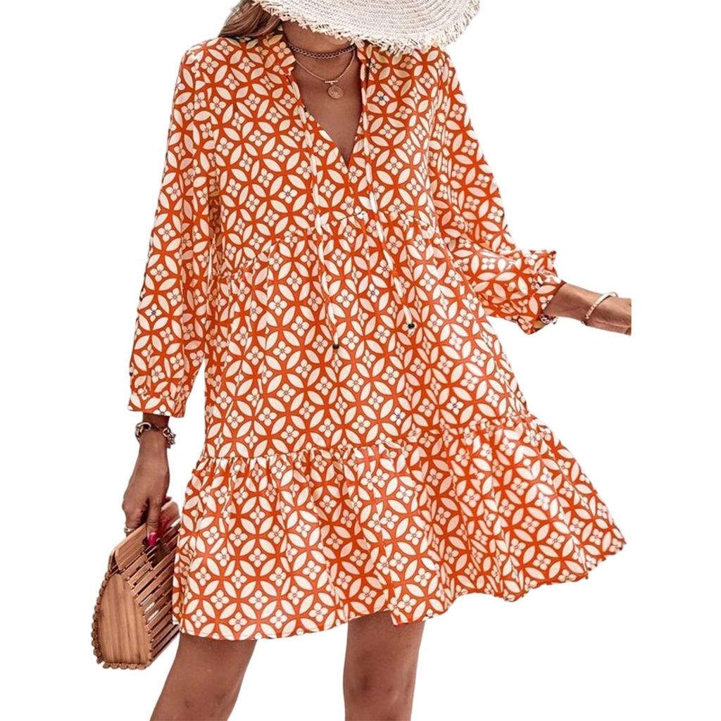 Women's Fashionable V-neck Fresh Printed Temperament Seven Inch Sleeve Dress
