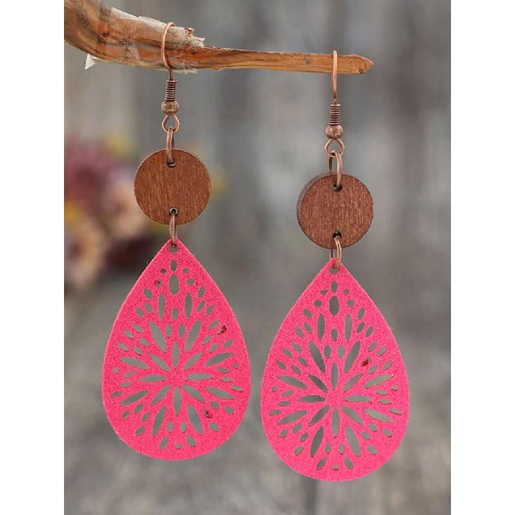 1 Paio Orecchini Pendenti Bohemien Vintage Intagliati a Intarsio in Pelle e Fetta di Legno per Donna
