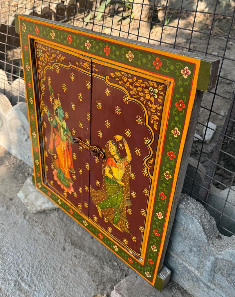 Retro Antique Wooden Window Panel Hand Painted Indian Religious Radha Krishna Frame