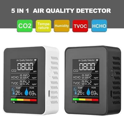 Çok İşlevli 5'i 1 Arada CO2 Ölçer Dijital Sıcaklık Nem Test Cihazı Karbondioksit TVOC HCHO Dedektörü Hava Kalitesi Monitörü