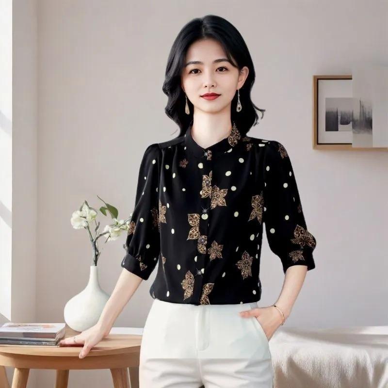 Counter Good Goods Cămășă de Mătase Hangzhou cu Mânecă Trei Sferturi Primăvară și Vară Nouă Bluză Largă Imprimată pentru Femei