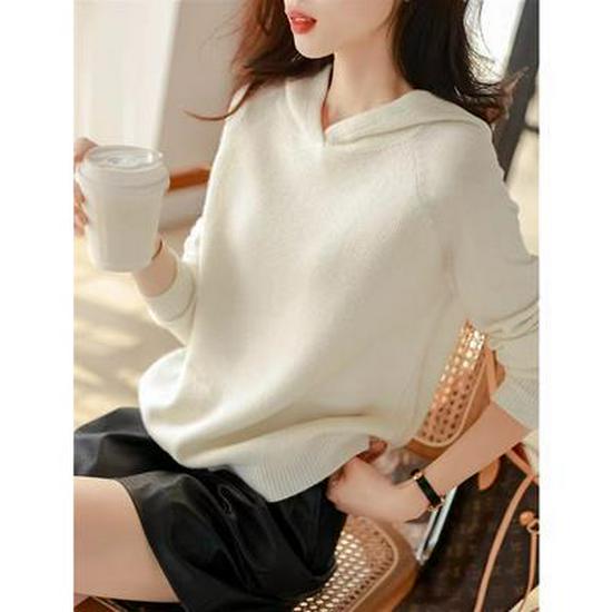Women's Loose Fit Cashmere Hoodie - Spring/Autumn Korean Style Wool Knit Sweater