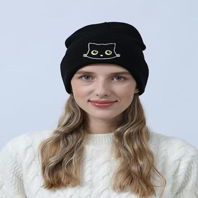 Winter Female Cat Embroidered Bonnets Cute Cat Acrylic Knitted Hats Soft Warm Beanies For Women Men
