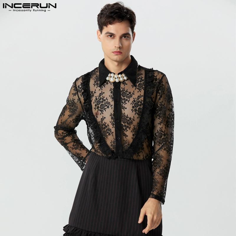 

INCERUN Мужские кружевные прозрачные топы с длинными рукавами