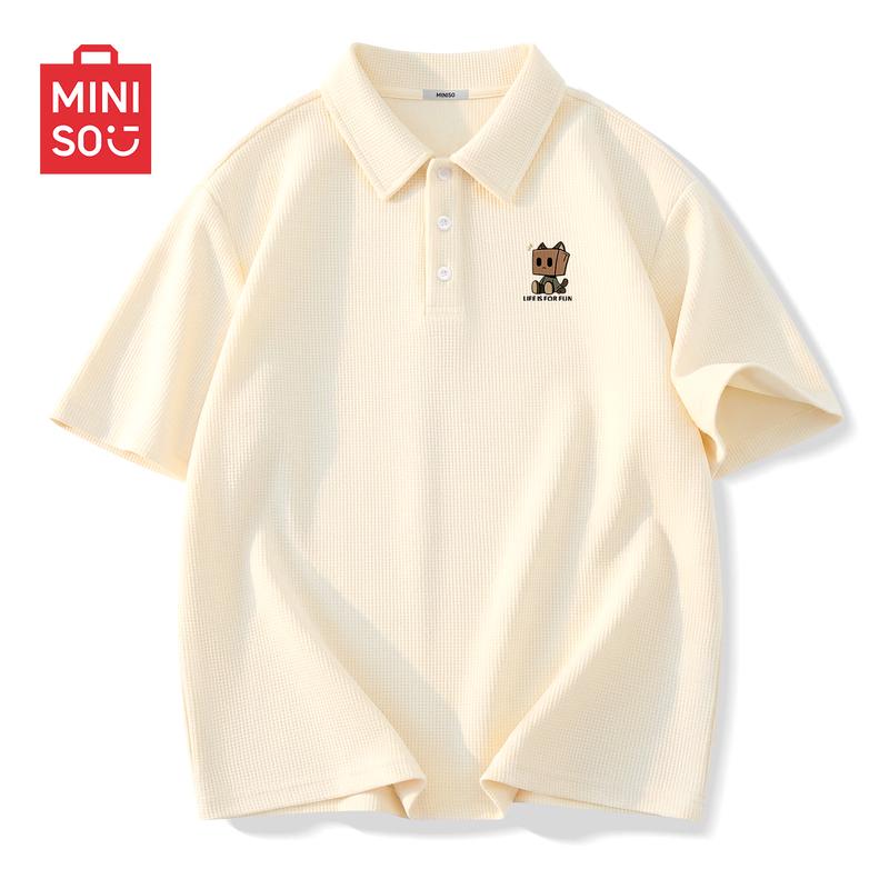 MINISO Men's Waffle Knit Short Sleeve Polo T-Shirt with Cartoon Print