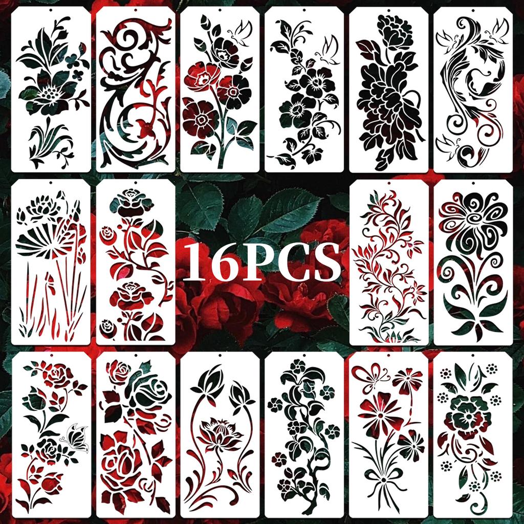 16PC Geometric Floral Stencil Set for DIY Art Crafts, Doodle Sketching Handmade Projects - Reusable Templates for Artists Adults
